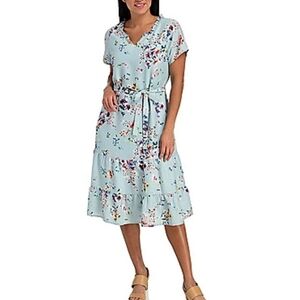 Christopher & Banks Petite Light Blue Floral Print Short Sleeve Tiered D…